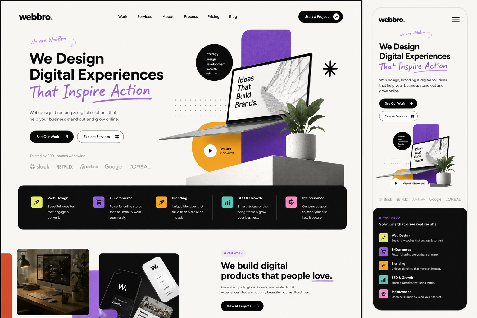 WebBro website design reference showing desktop and mobile layouts