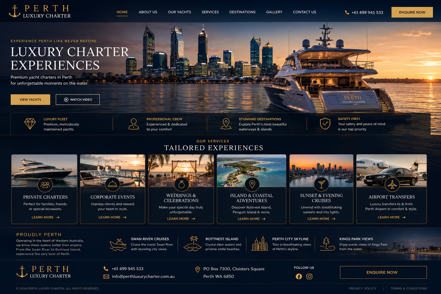 Perth Luxury Charter website design with yacht hero and service cards